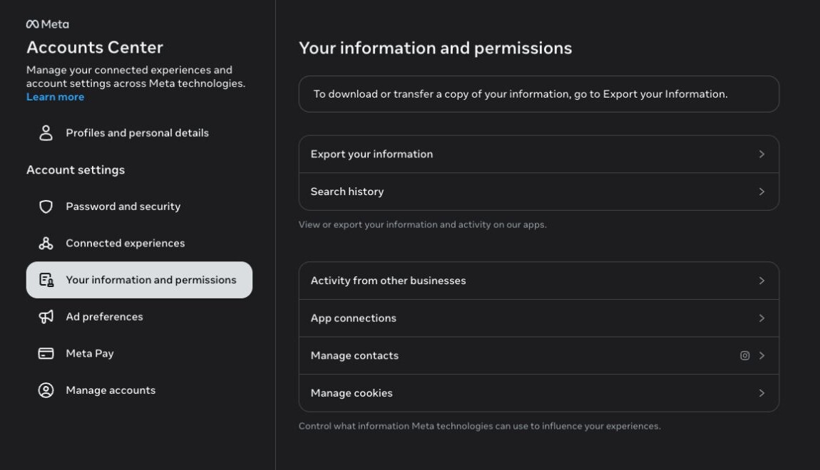 Open Your information and permissions, then Export your information.