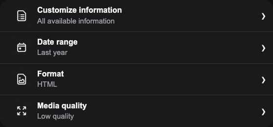 Open Customize information, Date range, Format and Media quality. The notification email is intentionally excluded from this screenshot.