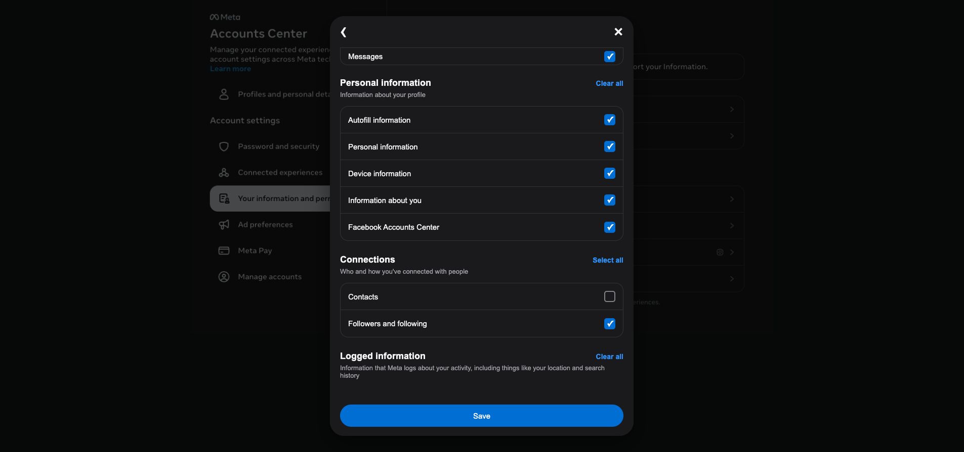 Under Connections, select Followers and following. This category is required.
