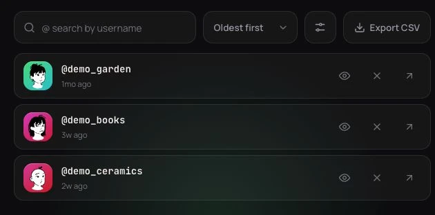 The same three example accounts in Unfollow Checker after selecting Oldest first